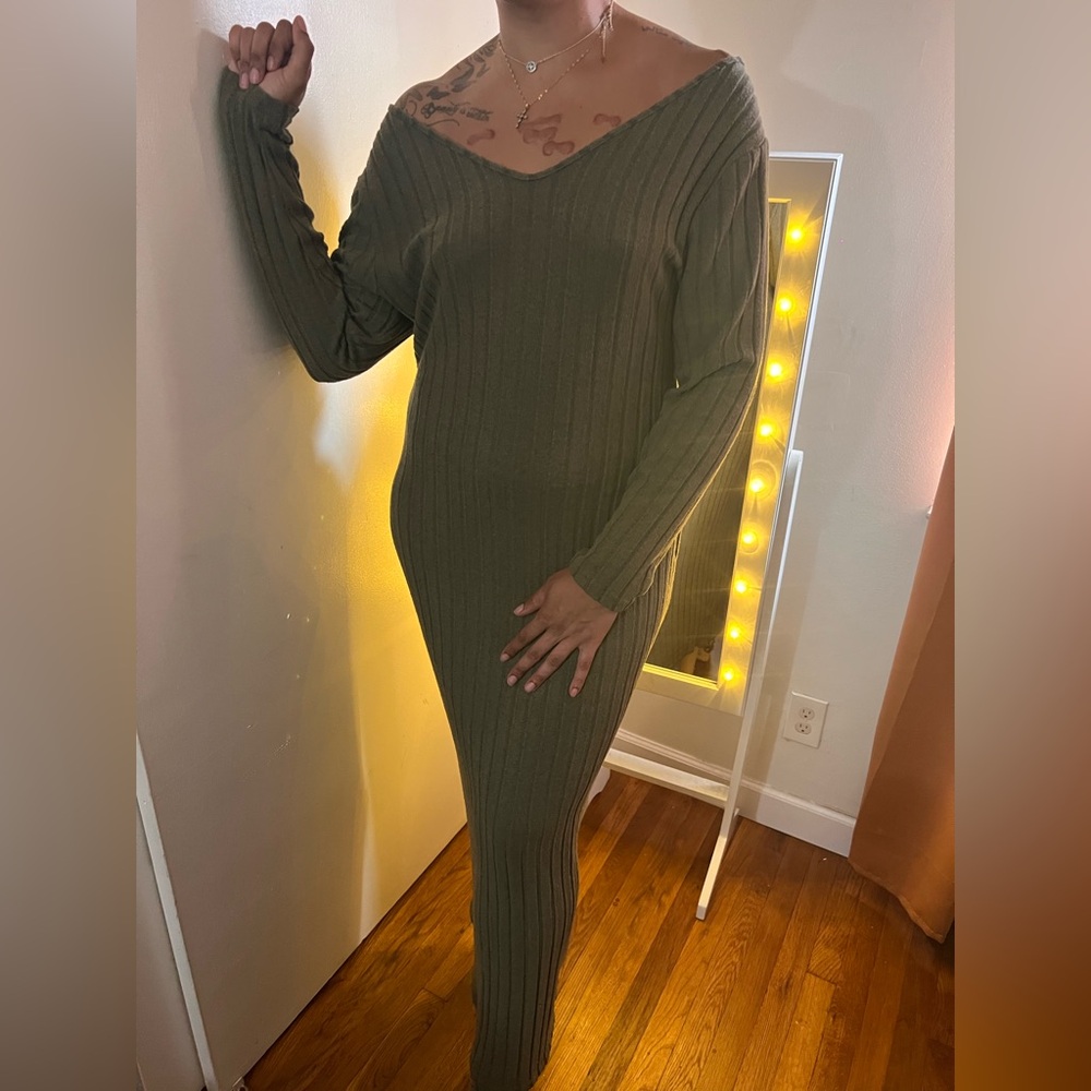 SHEIN NW/OT Olive Long Sleeve Ribbed Dress - Picture 1 of 7
